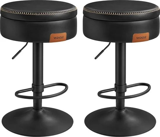 FurnStar - Barkruk - Set van 2 - 360° Draaibare Barkruk - In Hoogte Verstelbare Barstoel - Met Opbergruimte - Kunstleer - Naden - Mid-Century Moderne Stijl - Keuken - Huisbar - Eenvoudige Montage - Ka – Zwart