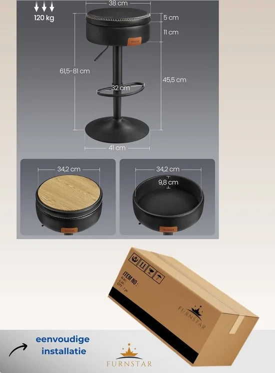 FurnStar - Barkruk - Set van 2 - 360° Draaibare Barkruk - In Hoogte Verstelbare Barstoel - Met Opbergruimte - Kunstleer - Naden - Mid-Century Moderne Stijl - Keuken - Huisbar - Eenvoudige Montage - Ka – Zwart