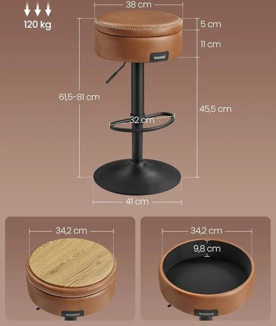 FurnStar - Barkruk - Set van 2 - 360° Draaibare Barkruk - In Hoogte Verstelbare Barstoel - Met Opbergruimte - Kunstleer - Naden - Mid-Century Moderne Stijl - Keuken - Huisbar - Eenvoudige Montage - Karamelbruin
