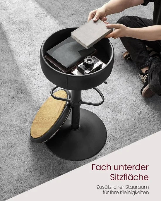 FurnStar - Barkruk - Set van 2 - 360° Draaibare Barkruk - In Hoogte Verstelbare Barstoel - Met Opbergruimte - Kunstleer - Naden - Mid-Century Moderne Stijl - Keuken - Huisbar - Eenvoudige Montage - Ka – Zwart