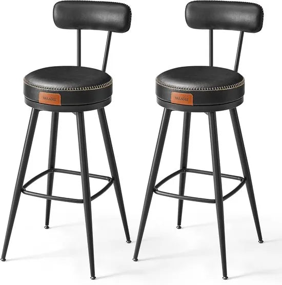 Furnstar - Barkruk set van 2 - 360° draaibare barkruk - Kruk met rugleuning voor bartafel - Kunstleer met naden - Mid-Century moderne stijl - 76 cm hoog - Keuken huisbar - Karamelbruin – Inktzwartt