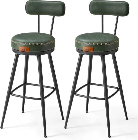 Furnstar - Barkruk set van 2 - 360° draaibare barkruk - Kruk met rugleuning voor bartafel - Kunstleer met naden - Mid-Century moderne stijl - 76 cm hoog - Keuken huisbar - Karamelbruin – Bos groen