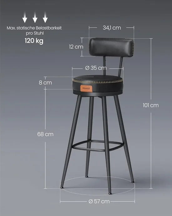Furnstar - Barkruk set van 2 - 360° draaibare barkruk - Kruk met rugleuning voor bartafel - Kunstleer met naden - Mid-Century moderne stijl - 76 cm hoog - Keuken huisbar - Karamelbruin – Inktzwartt