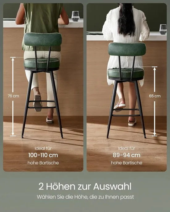 Furnstar - Barkruk set van 2 - 360° draaibare barkruk - Kruk met rugleuning voor bartafel - Kunstleer met naden - Mid-Century moderne stijl - 76 cm hoog - Keuken huisbar - Karamelbruin – Bos groen