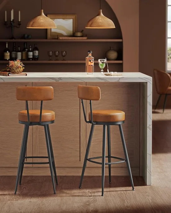 Furnstar - Barkruk set van 2 - 360° draaibare barkruk - Kruk met rugleuning voor bartafel - Kunstleer met naden - Mid-Century moderne stijl - 76 cm hoog - Keuken huisbar - Karamelbruin