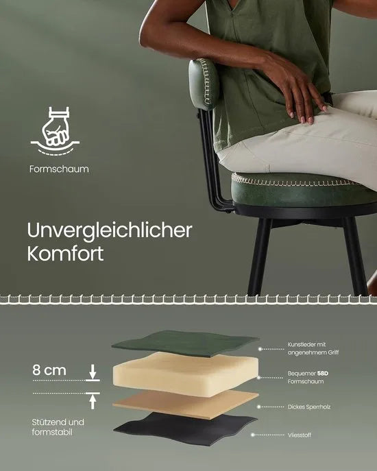 Furnstar - Barkruk set van 2 - 360° draaibare barkruk - Kruk met rugleuning voor bartafel - Kunstleer met naden - Mid-Century moderne stijl - 76 cm hoog - Keuken huisbar - Karamelbruin – Bos groen