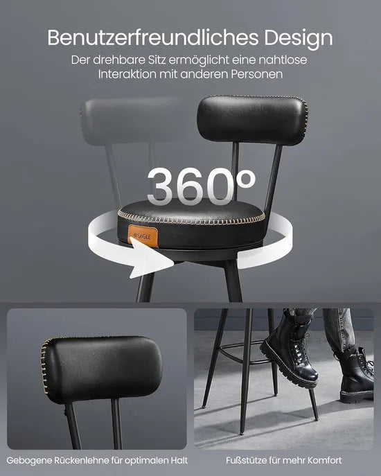 Furnstar - Barkruk set van 2 - 360° draaibare barkruk - Kruk met rugleuning voor bartafel - Kunstleer met naden - Mid-Century moderne stijl - 76 cm hoog - Keuken huisbar - Karamelbruin – Inktzwartt