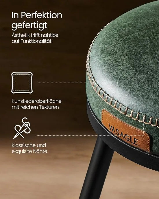 Furnstar - Barkruk set van 2 - 360° draaibare barkruk - Kruk met rugleuning voor bartafel - Kunstleer met naden - Mid-Century moderne stijl - 76 cm hoog - Keuken huisbar - Karamelbruin – Bos groen