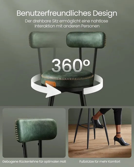 Furnstar - Barkruk set van 2 - 360° draaibare barkruk - Kruk met rugleuning voor bartafel - Kunstleer met naden - Mid-Century moderne stijl - 76 cm hoog - Keuken huisbar - Karamelbruin – Bosgroen