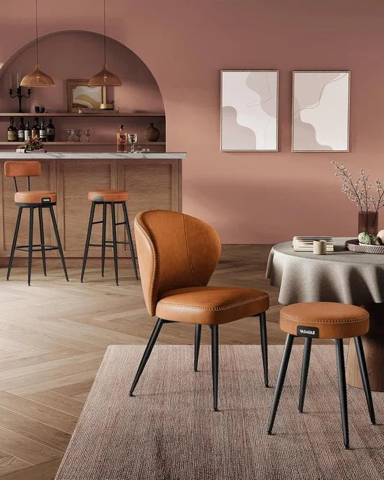 Furnstar - Barkruk set van 2 - 360° draaibare barkruk - Kruk met rugleuning voor bartafel - Kunstleer met naden - Mid-Century moderne stijl - 76 cm hoog - Keuken huisbar - Karamelbruin