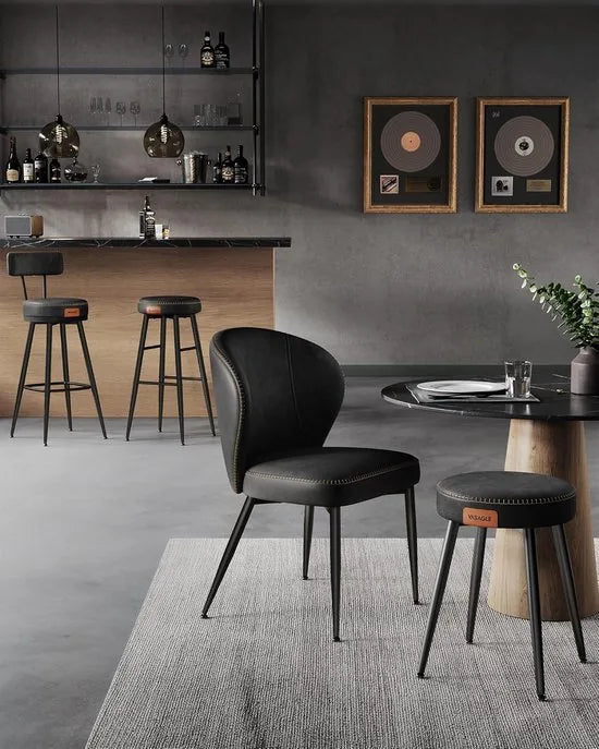 Furnstar - Barkruk set van 2 - 360° draaibare barkruk - Kruk met rugleuning voor bartafel - Kunstleer met naden - Mid-Century moderne stijl - 76 cm hoog - Keuken huisbar - Karamelbruin – Inktzwartt
