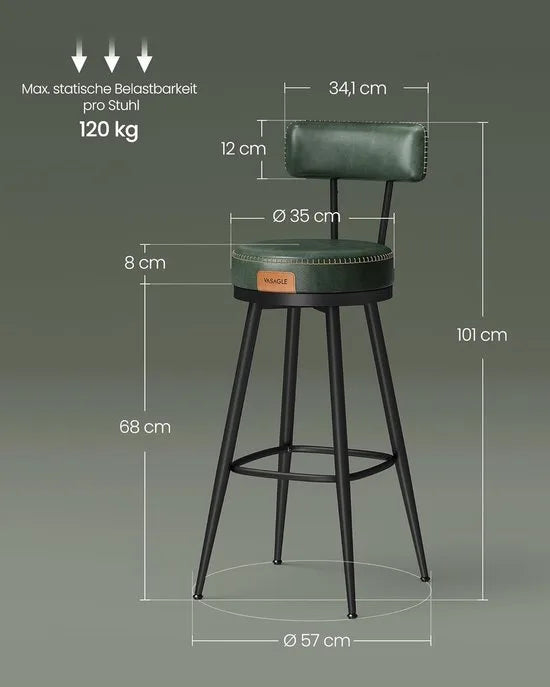 Furnstar - Barkruk set van 2 - 360° draaibare barkruk - Kruk met rugleuning voor bartafel - Kunstleer met naden - Mid-Century moderne stijl - 76 cm hoog - Keuken huisbar - Karamelbruin – Bos groen