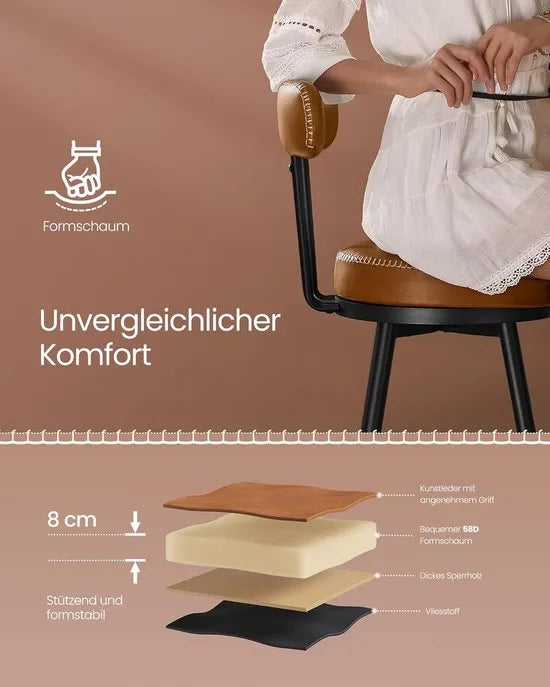 Furnstar - Barkruk set van 2 - 360° draaibare barkruk - Kruk met rugleuning voor bartafel - Kunstleer met naden - Mid-Century moderne stijl - 76 cm hoog - Keuken huisbar - Karamelbruin