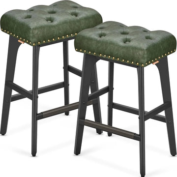 Furnstar - Barkruk set van 2 - Barstoel - Keukenstoel - Kunstleer met decoratieve knopen en nagels - Massief houten poten - 66 cm hoog - Huisbar en eetkamer - Eenvoudige montage - Bosgroen - LBC085C01