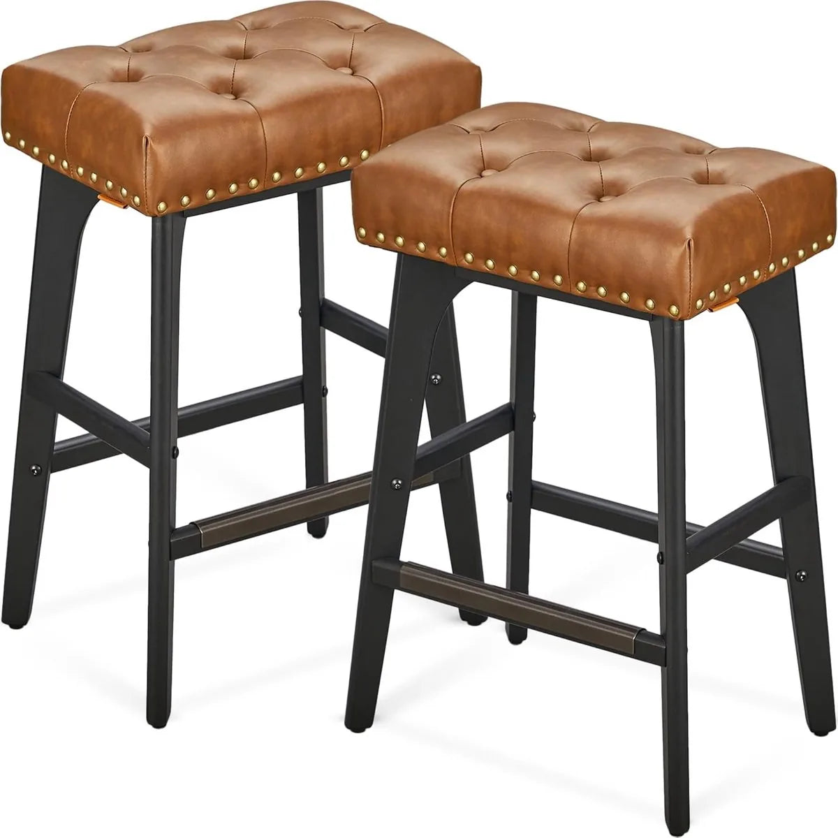 Furnstar - Barkruk set van 2 - Barstoel - Keukenstoel - Kunstleer met decoratieve knopen en nagels - Massief houten poten - 66 cm hoog - Huisbar en eetkamer - Eenvoudige montage - Koffiebruin - LBC085K01