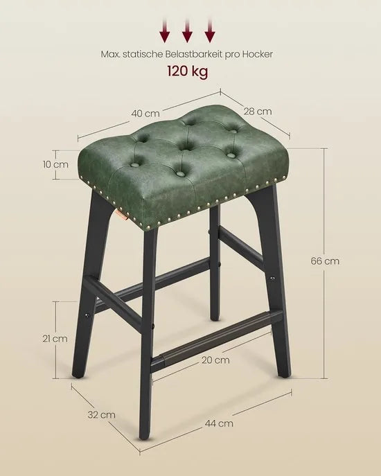 Furnstar - Barkruk set van 2 - Barstoel - Keukenstoel - Kunstleer met decoratieve knopen en nagels - Massief houten poten - 66 cm hoog - Huisbar en eetkamer - Eenvoudige montage - Bosgroen - LBC085C01