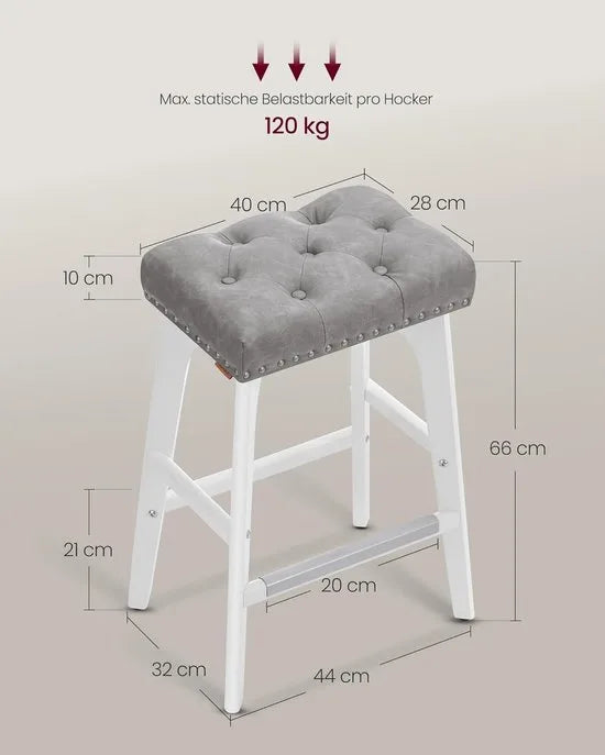 Furnstar - Barkruk set van 2 - Barstoel - Keukenstoel - Kunstleer met decoratieve knopen en nagels - Massief houten poten - 66 cm hoog - Huisbar en eetkamer - Eenvoudige montage - Duifgrijs - LBC085G01