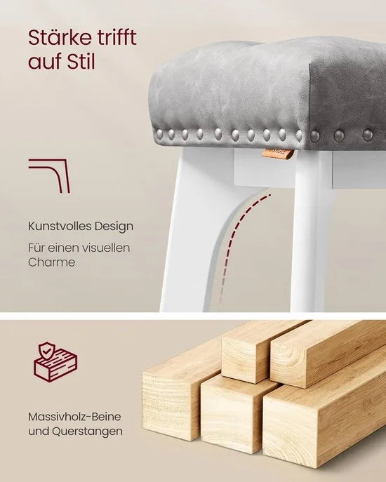 Furnstar - Barkruk set van 2 - Barstoel - Keukenstoel - Kunstleer met decoratieve knopen en nagels - Massief houten poten - 66 cm hoog - Huisbar en eetkamer - Eenvoudige montage - Duifgrijs - LBC085G01