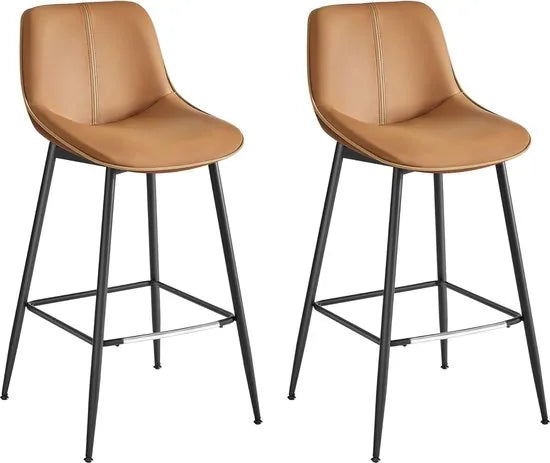 FurnStar - Barkruk Set van 2 - Barstoelen - Ergonomische Rugleuning - Kunstleer - Metalen Poten met Verstelbare Universele Poten - 73 cm Hoog - Thuisbar - Eenvoudige Montage - Inktzwart – Karamelbruin