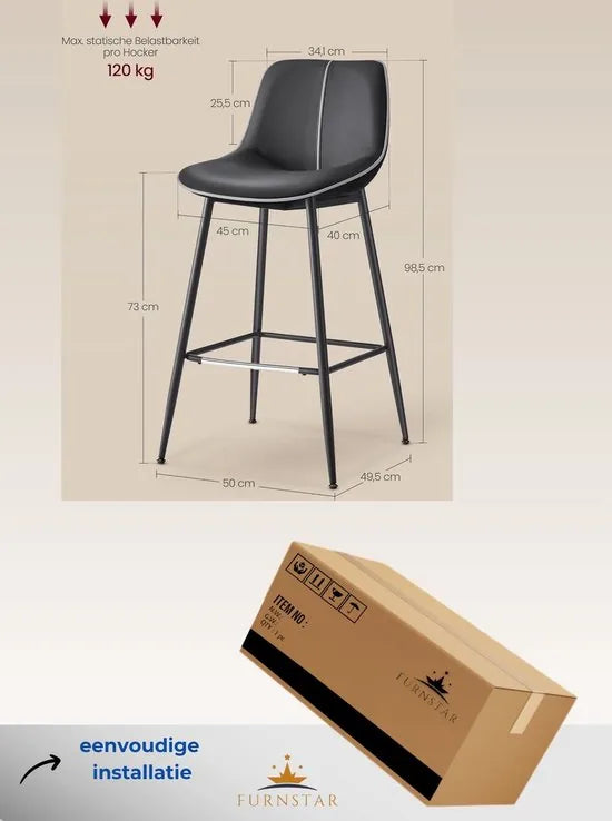 FurnStar - Barkruk Set van 2 - Barstoelen - Ergonomische Rugleuning - Kunstleer - Metalen Poten met Verstelbare Universele Poten - 73 cm Hoog - Thuisbar - Eenvoudige Montage - Inktzwart