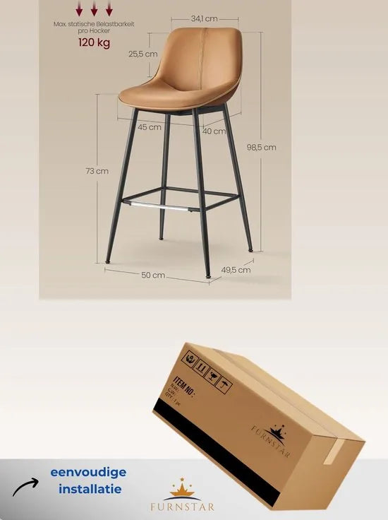 FurnStar - Barkruk Set van 2 - Barstoelen - Ergonomische Rugleuning - Kunstleer - Metalen Poten met Verstelbare Universele Poten - 73 cm Hoog - Thuisbar - Eenvoudige Montage - Inktzwart – Karamelbruin