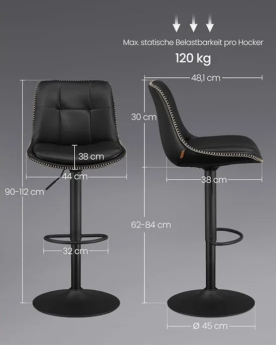 FurnStar - Barkruk Set van 2 - Barstoelen - Ergonomische Rugleuning - Kunstleer - Metalen Poten met Verstelbare Universele Poten - Tussen 63 en 84 cm hoog - 360 graden draaibaar - Thuisbar - Eenvoudige Montage - Inktzwart