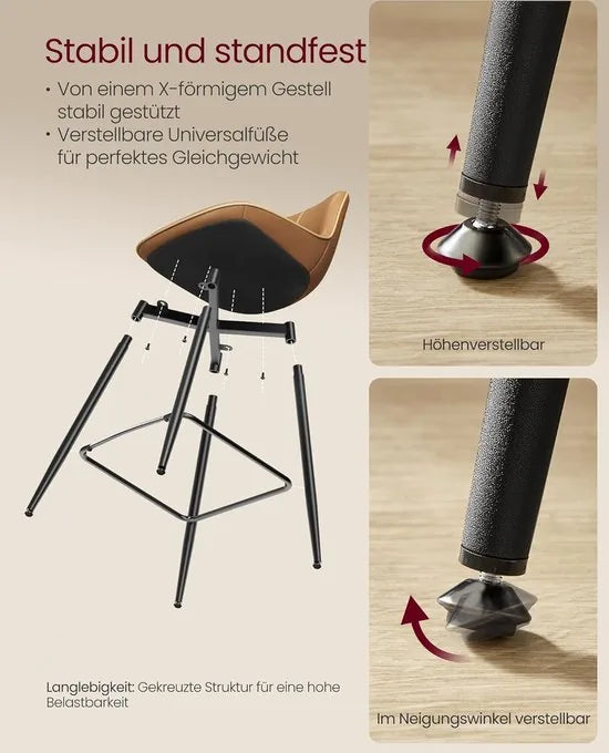 FurnStar - Barkruk Set van 2 - Barstoelen - Ergonomische Rugleuning - Kunstleer - Metalen Poten met Verstelbare Universele Poten - 73 cm Hoog - Thuisbar - Eenvoudige Montage - Inktzwart – Karamelbruin