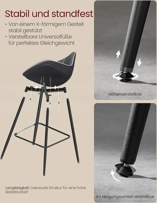 FurnStar - Barkruk Set van 2 - Barstoelen - Ergonomische Rugleuning - Kunstleer - Metalen Poten met Verstelbare Universele Poten - 73 cm Hoog - Thuisbar - Eenvoudige Montage - Inktzwart