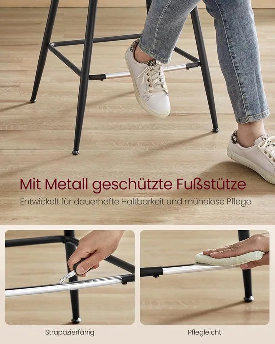 FurnStar - Barkruk Set van 2 - Barstoelen - Ergonomische Rugleuning - Kunstleer - Metalen Poten met Verstelbare Universele Poten - 73 cm Hoog - Thuisbar - Eenvoudige Montage - Inktzwart – Karamelbruin