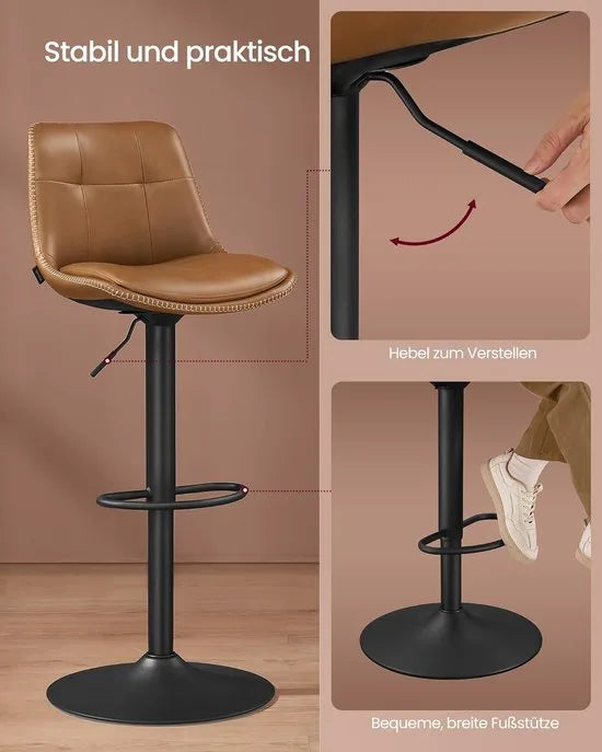 FurnStar - Barkruk Set van 2 - Barstoelen - Ergonomische Rugleuning - Kunstleer - Metalen Poten met Verstelbare Universele Poten - Tussen 63 en 84 cm in hoogte verstelbaar - 360 graden draaibaar -Thuisbar - Eenvoudige Montage - Karamelbruin