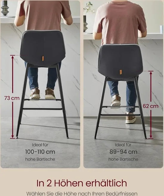 FurnStar - Barkruk Set van 2 - Barstoelen - Ergonomische Rugleuning - Kunstleer - Metalen Poten met Verstelbare Universele Poten - 73 cm Hoog - Thuisbar - Eenvoudige Montage - Inktzwart