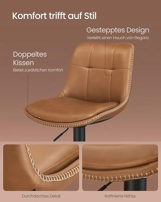 FurnStar - Barkruk Set van 2 - Barstoelen - Ergonomische Rugleuning - Kunstleer - Metalen Poten met Verstelbare Universele Poten - Tussen 63 en 84 cm in hoogte verstelbaar - 360 graden draaibaar -Thuisbar - Eenvoudige Montage - Karamelbruin