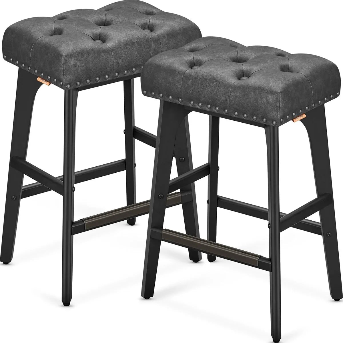 Furnstar - Barkruk set van 2 - Keukenstoel - Kunstleer met decoratieve knopen en nagels - Massief houten poten - 66 cm hoog - Huisbar en eetkamer - Eenvoudige montage - Inktzwart - LBC085G02
