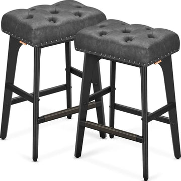 Furnstar - Barkruk set van 2 - Keukenstoel - Kunstleer met decoratieve knopen en nagels - Massief houten poten - 66 cm hoog - Huisbar en eetkamer - Eenvoudige montage - Inktzwart - LBC085G02