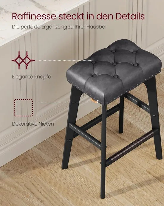 Furnstar - Barkruk set van 2 - Keukenstoel - Kunstleer met decoratieve knopen en nagels - Massief houten poten - 66 cm hoog - Huisbar en eetkamer - Eenvoudige montage - Inktzwart - LBC085G02