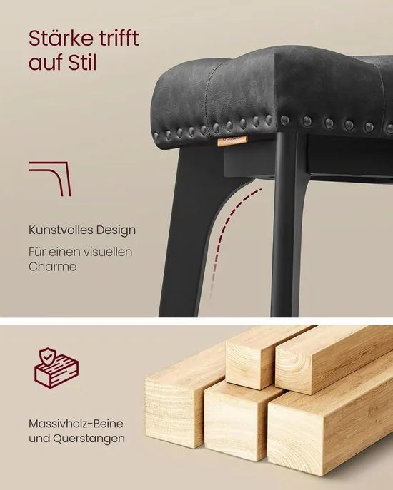 Furnstar - Barkruk set van 2 - Keukenstoel - Kunstleer met decoratieve knopen en nagels - Massief houten poten - 66 cm hoog - Huisbar en eetkamer - Eenvoudige montage - Inktzwart - LBC085G02