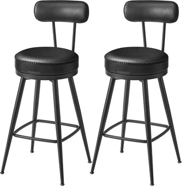 Furnstar - Barkruk set van 4 - 360° draaibare barkruk - Kruk met rugleuning voor keukeneiland - Kunstleer met naden - Mid-Century moderne stijl - 65 cm hoog - Keuken huisbar - Inktzwart