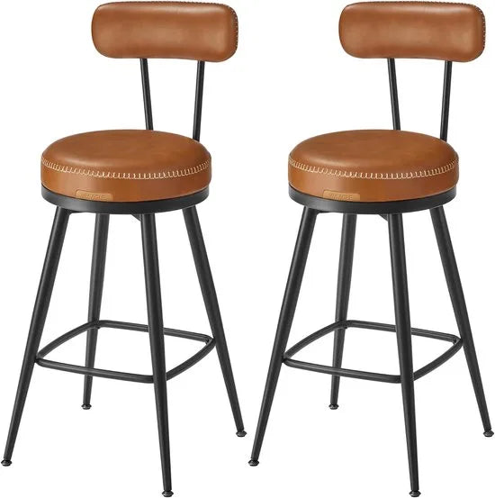 Furnstar - Barkruk set van 4 - 360° draaibare barkruk - Kruk met rugleuning voor keukeneiland - Kunstleer met naden - Mid-Century moderne stijl - 65 cm hoog - Keuken huisbar - Inktzwart – Karamel bruin