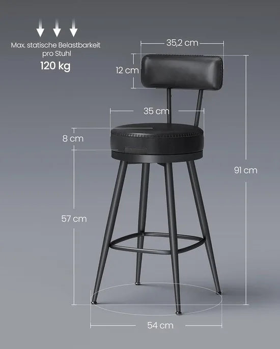 Furnstar - Barkruk set van 4 - 360° draaibare barkruk - Kruk met rugleuning voor keukeneiland - Kunstleer met naden - Mid-Century moderne stijl - 65 cm hoog - Keuken huisbar - Inktzwart