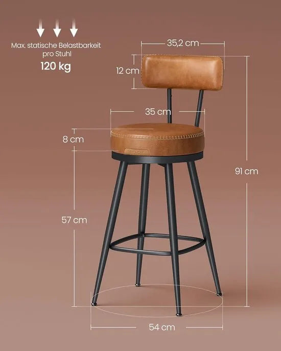 Furnstar - Barkruk set van 4 - 360° draaibare barkruk - Kruk met rugleuning voor keukeneiland - Kunstleer met naden - Mid-Century moderne stijl - 65 cm hoog - Keuken huisbar - Inktzwart – Karamel bruin