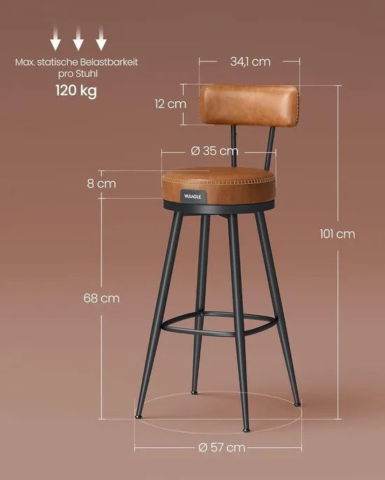 Furnstar - Barkruk set van 4 - 360° draaibare barkruk - Kruk met rugleuning voor bartafel - Kunstleer met naden - Mid-Century moderne stijl - 76 cm hoog - Keuken huisbar - Karamelbruin