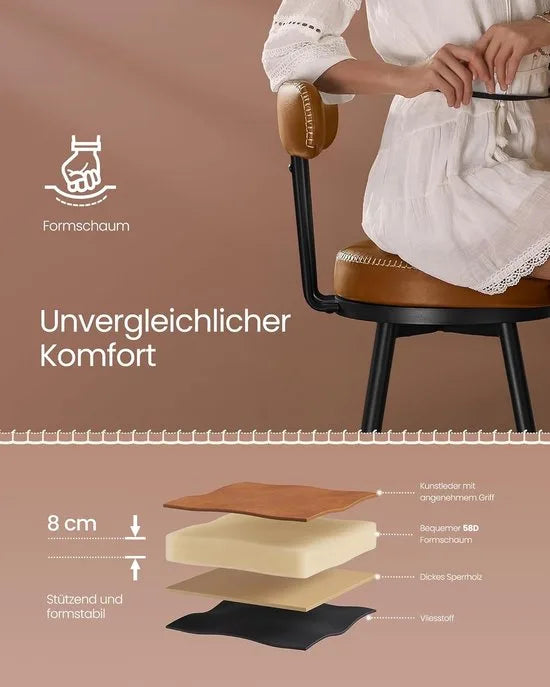Furnstar - Barkruk set van 4 - 360° draaibare barkruk - Kruk met rugleuning voor keukeneiland - Kunstleer met naden - Mid-Century moderne stijl - 65 cm hoog - Keuken huisbar - Inktzwart – Karamel bruin
