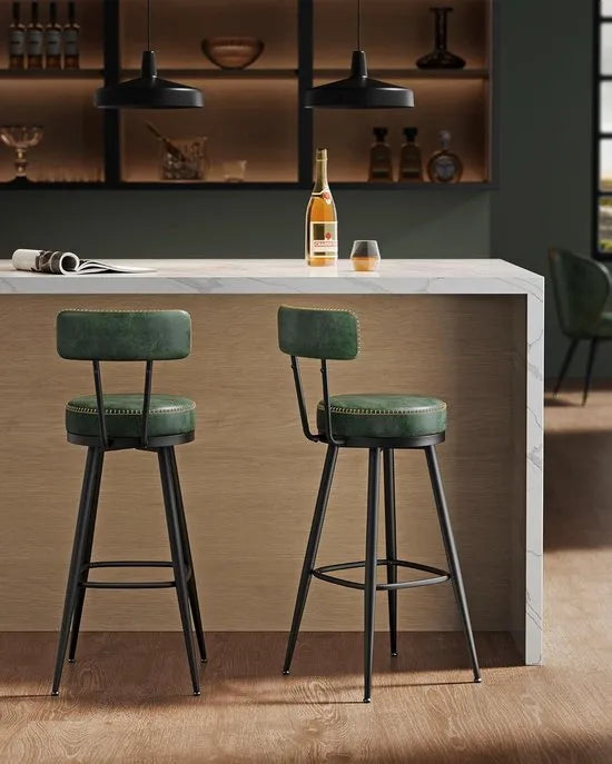 Furnstar - Barkruk set van 4 - 360° draaibare barkruk - Kruk met rugleuning voor bartafel - Kunstleer met naden - Mid-Century moderne stijl - 76 cm hoog - Keuken huisbar - Karamelbruin – Bosgroen