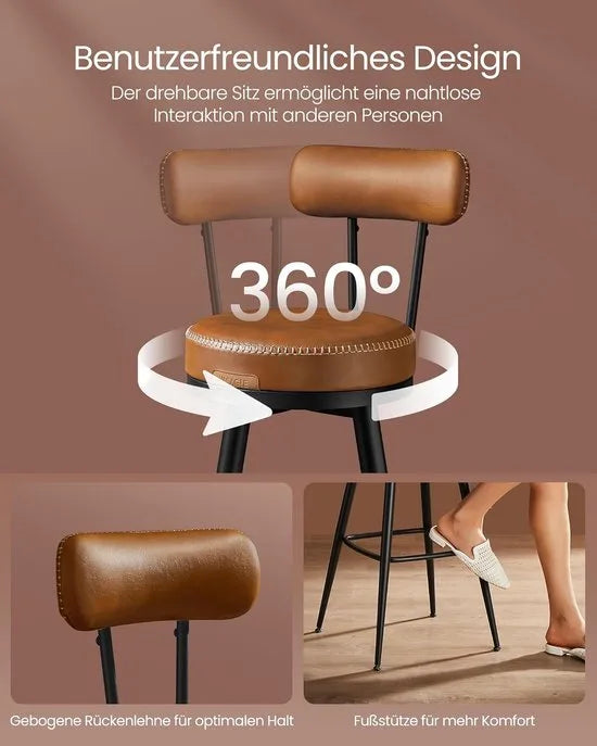 Furnstar - Barkruk set van 4 - 360° draaibare barkruk - Kruk met rugleuning voor keukeneiland - Kunstleer met naden - Mid-Century moderne stijl - 65 cm hoog - Keuken huisbar - Karamelbruin