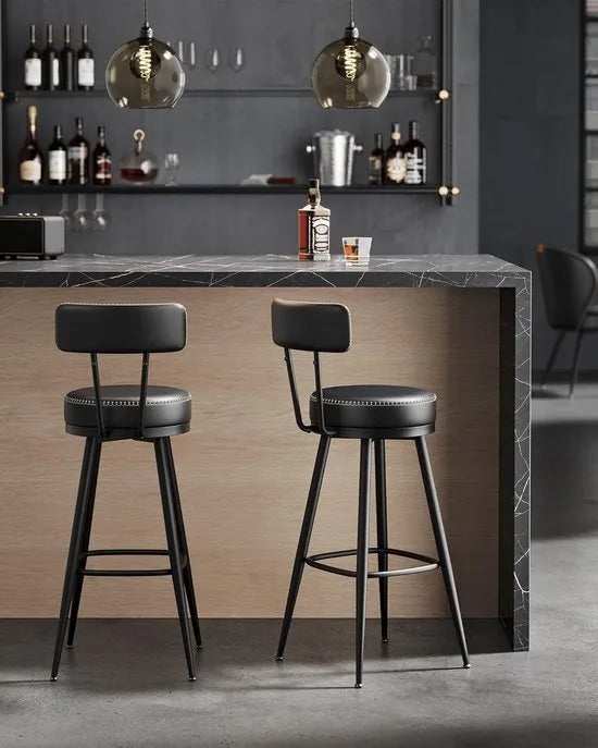 Furnstar - Barkruk set van 4 - 360° draaibare barkruk - Kruk met rugleuning voor bartafel - Kunstleer met naden - Mid-Century moderne stijl - 76 cm hoog - Keuken huisbar - Karamelbruin – Inktzwartt