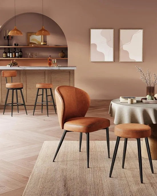 Furnstar - Barkruk set van 4 - 360° draaibare barkruk - Kruk met rugleuning voor keukeneiland - Kunstleer met naden - Mid-Century moderne stijl - 65 cm hoog - Keuken huisbar - Inktzwart – Karamel bruin