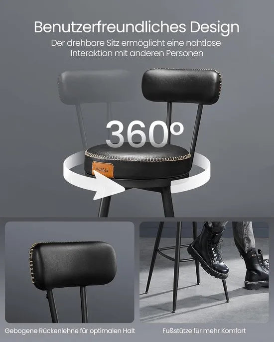 Furnstar - Barkruk set van 4 - 360° draaibare barkruk - Kruk met rugleuning voor bartafel - Kunstleer met naden - Mid-Century moderne stijl - 76 cm hoog - Keuken huisbar - Karamelbruin – Inktzwartt