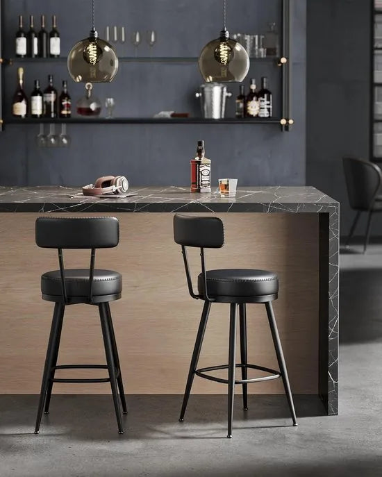 Furnstar - Barkruk set van 4 - 360° draaibare barkruk - Kruk met rugleuning voor keukeneiland - Kunstleer met naden - Mid-Century moderne stijl - 65 cm hoog - Keuken huisbar - Inktzwart