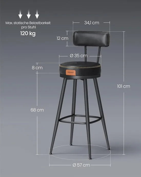 Furnstar - Barkruk set van 4 - 360° draaibare barkruk - Kruk met rugleuning voor bartafel - Kunstleer met naden - Mid-Century moderne stijl - 76 cm hoog - Keuken huisbar - Karamelbruin – Inktzwartt