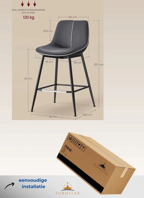 FurnStar - Barkruk Set van 4 - Barstoelen - Ergonomische Rugleuning - Kunstleer - Metalen Poten met Verstelbare Universele Poten - 62 cm Hoog - Thuisbar - Eenvoudige Montage - Inktzwart